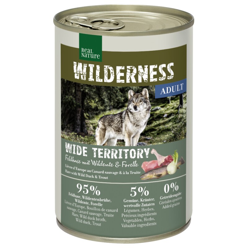REAL NATURE Echte Natuur Wildernis Natvoer Hond Volwassen Wide Territory Europese haas met wilde eend en forel 6x400 g