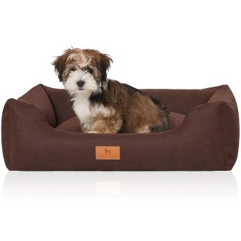 Ein kleiner, flauschiger Hund sitzt bequem in einem braunen Haustierbett mit einem Lederetikett, auf dem 'KNUFFELWUFF' steht.