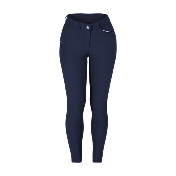 Marineblaue Damenreitleggings mit einer taillierten Passform, ausgestattet mit einem vorderen Knopfverschluss und zwei Seitentaschen mit weißer Paspelierung.
