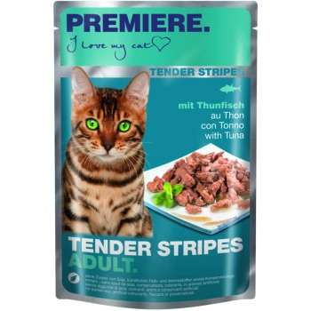 Katzenfutterverpackung mit einer Bengal-Katze, beschriftet mit "Premiere. Ich liebe meine Katze," mit "Zarte Streifen" und "mit Thunfisch."