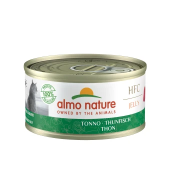 Almo Nature HFC Jelly Katzenfutterdose mit Thunfisch, mit dem Text "100% zur Natur" und "gehört den Tieren" deutlich angezeigt.