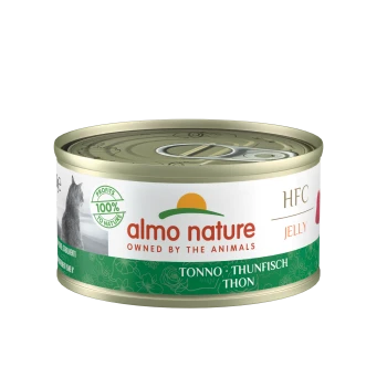 Almo Nature HFC Jelly Katzenfutterdose mit Thunfisch, mit dem Text "100% zur Natur" und "gehört den Tieren" deutlich angezeigt.