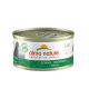Almo Nature HFC Jelly Katzenfutterdose mit Thunfisch, mit dem Text "100% zur Natur" und "gehört den Tieren" deutlich angezeigt.