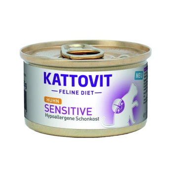 Kattovit Feline Diet Dosenkatzenfutter, mit der Aufschrift 'Huhn Sensitive', mit einer hypoallergenen Formel für empfindliche Katzen.