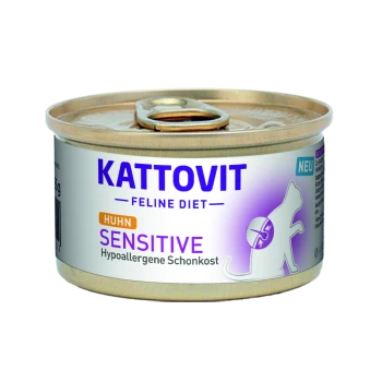 Nourriture en conserve Kattovit Feline Diet pour chats, étiquetée "Huhn Sensitive," présentant une formule hypoallergénique pour les chats sensibles.
