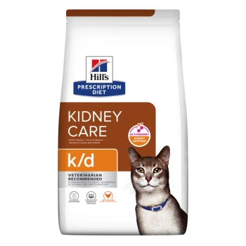Hill's Prescription Diet Kidney Care k/d Hundefutterbeutel mit einer Katze, beschriftet mit "Vom Tierarzt empfohlen" und "ActivBiome - Nierenabwehr."
