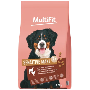 Rosa MultiFit Hundefutterbeutel mit Berner Hund, Aufschrift 'SENSITIVE MAXI', '2+'-Badge, mit Lamm, Huhn & Reis, 2,5 kg.