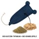 Blaues Filz-Katzenspielzeug mit Schnur und einem Pfeil, der auf Haufen von Thymian und Dinkel zeigt, Text 'BIO-KATZEN-THYMIAN + BIO-DINKELSPELZ'.