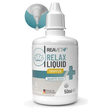 Flasche Reavet Relax Liquid Tropfen für Katzen, 50 ml, hergestellt in Deutschland, mit Nahaufnahme des Tropfers.