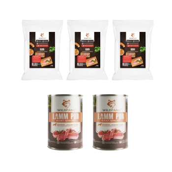 Drei Packungen Wildfang Huhn rohes Hundefutter und zwei Dosen Wildfang Lamm Pur B.A.R.F. Qualitäts-Hundefutter.