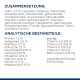 Tierfutteretikett auf Deutsch mit 'ZUSAMMENSETZUNG' (Huhn 27 %) und 'ANALYTISCHE BESTANDTEILE' Protein 7,3 %, Feuchtigkeit 81 %.