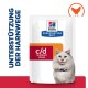 Verpackung für Hill's Prescription Diet c/d Multicare Stress-Hundefutter, mit einem weißen Hintergrund, roten und blauen Akzenten und Text in deutscher Sprache.