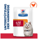 Verpackung für Hill's Prescription Diet c/d Multicare Stress-Hundefutter, mit einem weißen Hintergrund, roten und blauen Akzenten und Text in deutscher Sprache.