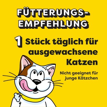 Cartoon-Katze mit einem verspielten Ausdruck auf gelbem Hintergrund, Text: "1 Stück täglich für erwachsene Katzen. Nicht geeignet für Kätzchen."