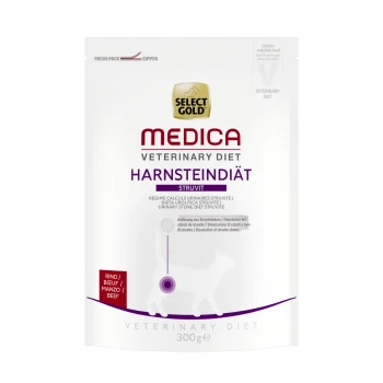Emballage de nourriture pour chats Select Gold Medica Veterinary Diet Harnsteindiät Struvit, 300g, avec un texte en plusieurs langues sur le régime alimentaire pour les pierres urinaires.