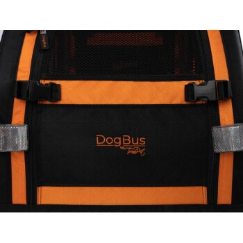 Schwarze und orange Haustiertrage mit dem Text "DogBus by ToadPet" auf der Vorderseite, mit Netzpaneelen und sicheren Schnallen.