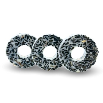 Drei kreisförmige Vogelfutter-Donuts mit einer Mischung aus schwarzen Samen und einer weißen äußeren Schicht, in einer Reihe auf einem weißen Hintergrund angeordnet.