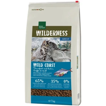 7 kg worek karmy dla kotów Real Nature Wilderness, temat "WILD COAST", 65% mięsa, 35% owoców/warzyw, bez sztucznych dodatków.