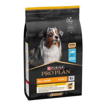 Sac noir de nourriture pour chiens Purina Pro Plan avec un Berger Australien, étiqueté "Haute teneur en protéines," "Toutes tailles," "Adulte," et "Léger/Stérilisé."