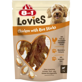 8 in 1 Lovies Chicken mit Reis-Sticks Hundesnacks, natürliche Hähnchenbrust, fettarm, mit Reis, über 1 kg Verpackung.