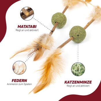 Katzenspielzeug mit Federn und grünen Matatabi-Bällen, auf Deutsch beschriftet: "Regt an und aktiviert" und "Animieren zum Spielen."