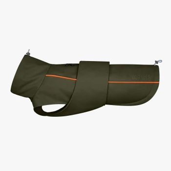 Olivgrüner Hundemantel mit einem orangefarbenen Streifen, mit verstellbaren Riemen und einem Logo, das "DOG IDEA" liest.