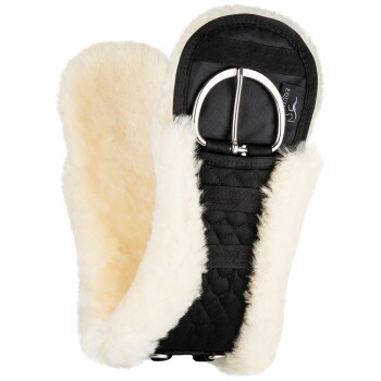 Schwarzer Sattelgurt mit weichem cremefarbenem Fleecefutter und Edelstahlverschluss, entworfen für den Komfort und die Unterstützung des Pferdes.