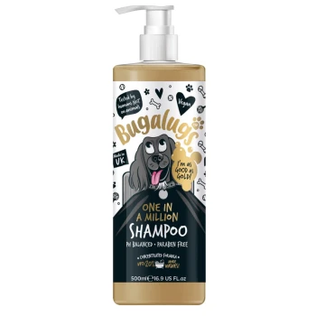 Flasche Bugalugs 'One in a Million' Hundeshampoo, 500ml, mit einer Cartoon-Hund, veganem Etikett und Angaben, dass es pH-ausgeglichen und parabenfrei ist.