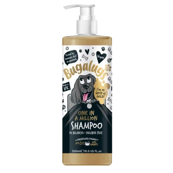 Flasche Bugalugs 'One in a Million' Hundeshampoo, 500ml, mit einer Cartoon-Hund, veganem Etikett und Angaben, dass es pH-ausgeglichen und parabenfrei ist.