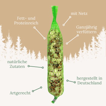 Grüne Netz-Tasche mit Vogel-Nüssen und deutschen Angaben zu Fett/Protein, natürlichen Zutaten, ganzjähriger Fütterung, hergestellt in Deutschland.