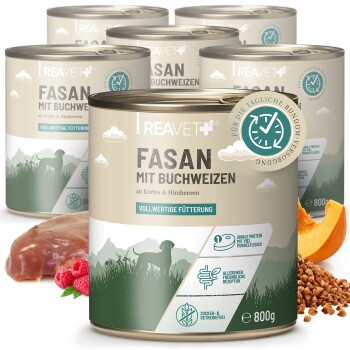 Dosen von REAVET+ Haustierfutter mit "Fasan mit Buchweizen" mit Kürbis und Himbeeren, gekennzeichnet als "Vollwertige Fütterung," 800g jede.