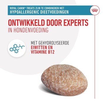 Royal Canin hypoallergene hondensnacks: bruine ovale snack met een suikerlaag, gelabeld met gehydrolyseerde eiwitten en vitamine B12.