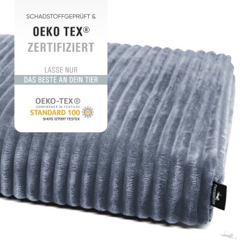 Graues Haustierbett mit gerippter Textur, mit Oeko-Tex-Zertifizierungslabel, das "Schadstoffgeprüft & Zertifiziert" besagt.