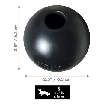Czarna gumowa piłka KONG z otworem u góry, 2,5 cala / 6,3 cm, z wytłoczonym napisem KONG, etykietą rozmiaru S '≤35 lb / ≤16 kg' i sylwetką psa.