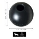Czarna gumowa piłka KONG z otworem u góry, 2,5 cala / 6,3 cm, z wytłoczonym napisem KONG, etykietą rozmiaru S '≤35 lb / ≤16 kg' i sylwetką psa.