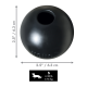 Schwarzer KONG-Gummiball mit Loch oben, 2,5 Zoll / 6,3 cm, eingeprägtes 'KONG', Größenetikett '≤35 lb / ≤16 kg' und Hundesilhouette.