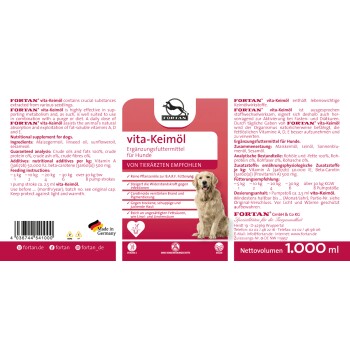 Verpackung des Fortan vita-Keimöl-Hundezusatzes mit einem Golden Retriever, mit Details zu Inhaltsstoffen, Fütterungshinweisen und ernährungsphysiologischen Vorteilen.