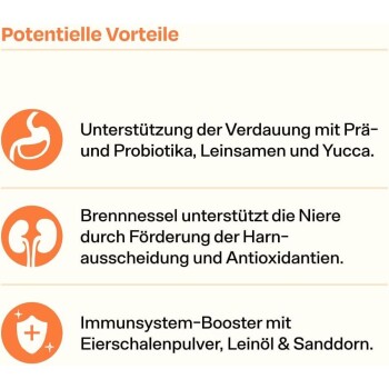 Haustierergänzungen unterstützen die Verdauung, Nierengesundheit und Immunität mit Präbiotika, Leinsamen, Brennnessel, Eierschalenpulver und Sanddorn.