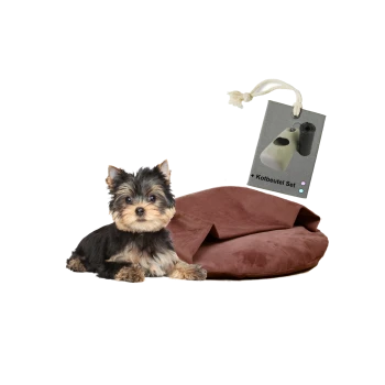 Ein kleiner Yorkshire Terrier sitzt neben einem braunen Haustierbett, mit einem Etikett, das ein Set mit Hundekotbeuteln zeigt.
