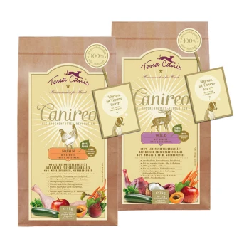 Zwei Tüten Terra Canis Hundefutter, "Canireo Huhn" und "Canireo Wild", die Zutaten und "100% Lebensmittelqualität" präsentieren.