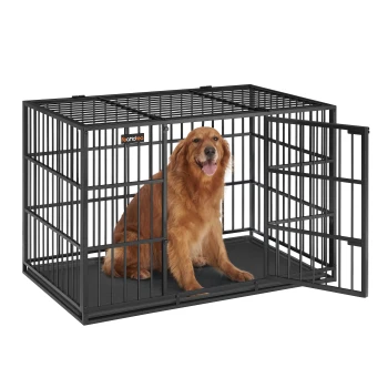 Hundekäfig Hundebox für mittelgroße und große Hunde 1,22 m, 75 cm, 80 cm Ein glücklicher Golden Retriever sitzt in einer schwarzen Metallhundekiste mit offener Tür, mit einem stabilen Boden und vertikalen Stäben.