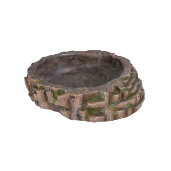 Eine dekorative Haustier-Wasserschüssel, die wie eine felsige Landschaft aussieht, mit strukturierten Seiten und moosigem Aussehen.