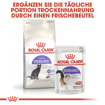 Royal Canin Katzenfutterverpackung mit einem 2 kg Beutel von Regular Sterilised Trockenfutter und einem 85 g Beutel von Sterilised Nassfutter.