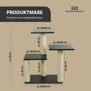 Katzenbaum mit drei Plattformen, Abmessungen beschriftet: 36x36 cm für jede Plattform, 40 cm Höhe für die Pfosten, Gesamthöhe 93 cm.