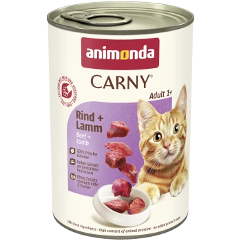 Dose Animonda CARNY Katzenfutter – Rind + Lamm, Adult 1+, mit orange-getigerter Katze und Fleischstücken.