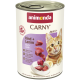 Dose Animonda CARNY Katzenfutter – Rind + Lamm, Adult 1+, mit orange-getigerter Katze und Fleischstücken.