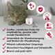 Grau getigerte Katze liegt neben natürlichem Wundpflegepulver mit deutschem Text, der sanfte, mineralische, feuchtigkeitsabsorbierende Vorteile hervorhebt.