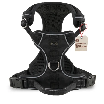 Schwarzes Hundegeschirr aus atmungsaktivem Mesh-Material, mit verstellbaren Riemen und einem Metall-D-Ring. Das Etikett lautet "Atmungsaktiv Gepolstert."
