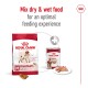 Royal Canin medium adult dog food packaging with dry kibble, a can of wet food, and a plate of wet food, promoting mixing for optimal feeding.