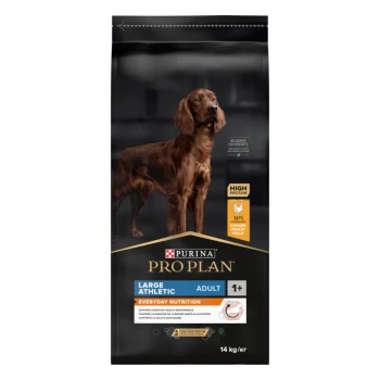Adult Large Athletic Everyday Nutrition Huhn 14 kg Purina Pro Plan Hundefutterbeutel mit einem großen athletischen Hund, beschriftet mit "Hoher Proteingehalt", "Großer athletischer Erwachsener" und "Tägliche Ernährung", 14 kg.